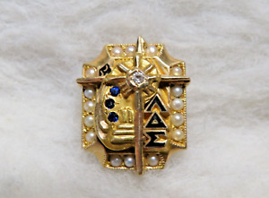 14K Gold Alpha Delta Sigma Pin, Brooch diamond, sapphire, pearl, Cross