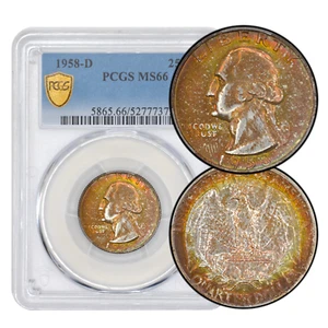 1958-D 25C Washington Quarter PCGS MS66 - Lovely Double Mint Set Rainbow Toning - Picture 1 of 6