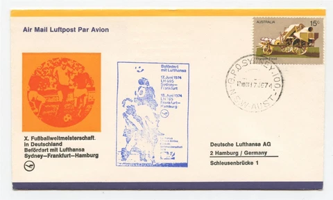 AUSTRALIA 1974 Commemorative Flight Cover Lufthansa Football World Cup #2 Cover