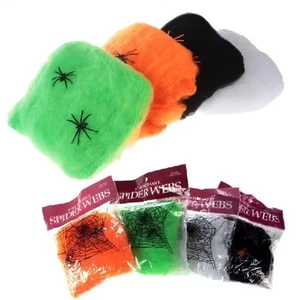 Halloween Party Spinnennetze 20g mit 2 Spinnen schwarz, weiß, orange, grün - Bild 1 von 18