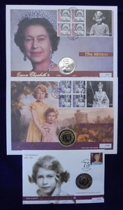3x 2001 Coin Covers, QEII 75th Birthday, TDC, Falklands & Guernsey (Ref. t2759) - Picture 1 of 11