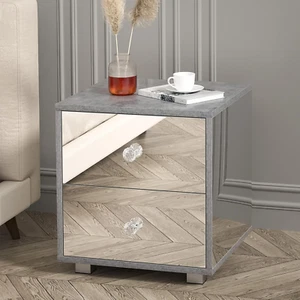 2-Drawer Mirrored Nightstand, Sliver Mirror Bedside Table with Cement Colored, M - Picture 1 of 12