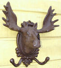 cast iron rustic MOOSE HEAD w/ ANTLERS wall hook Plaque