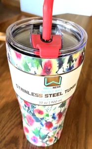 NWT WELLNESS DOUBLE WALL STAINLESS STEEL TUMBLER 30 OZ HOT COLD BPA FREE wSTRAW - Picture 1 of 5