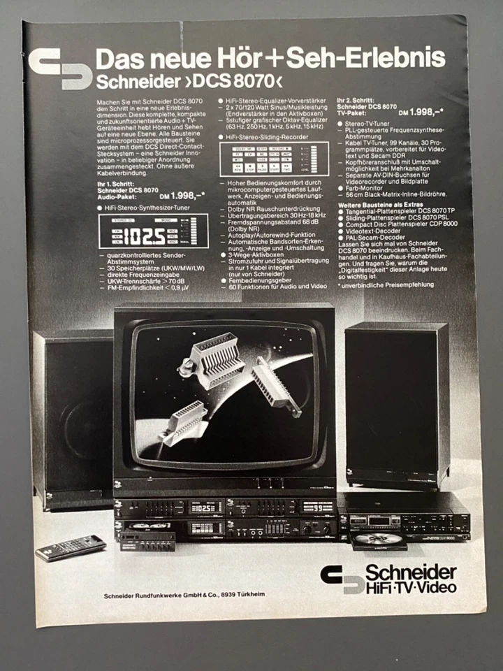Schneider HiFi Stereo TV Anlage DCS 8070 1983 Vintage Ad Werbung Reklame - Bild 1 von 1