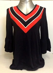 AVA Women's Sweatshirt Ruffle 3/4 Sleeve V-Neck Pullover Blue Red White Size S - Picture 1 of 7