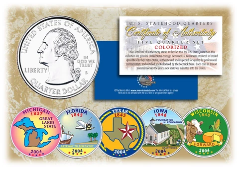 2004 US Statehood Quarters COLORIZED Legal Tender 5-Coin Complete Set w/Capsules Cover