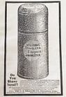 Publicité imprimée vintage 1890 ~ BÂTON DE RASAGE WILLIAMS superbe graphique d'un vieux récipient en étain de savon