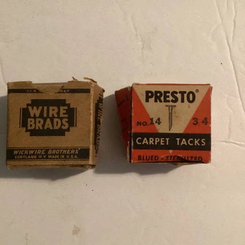 VINTAGE 3/4” old Presto Carpet Tacks No. 14 & Wick wire Bros. Wire Brads Box Cover