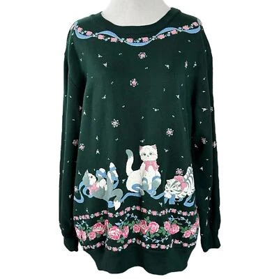 Sudadera De Colección Años 80 Cottage Abuela Gato Mamá Gatitos Hinchados Mediana EE. UU. Verde Foto 1 de 4