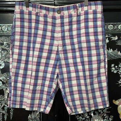 ORIGINAL PENGUIN Plaid Bermuda Shorts 32 Pink Blue White Check Cotton Flat Front - Image 1 of 4