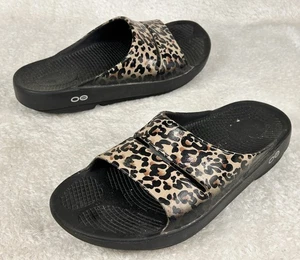 OOFOS OOahh Womens Size 8 Recovery Black Leopard Luxe Limited Slide Sandals. - Picture 1 of 6