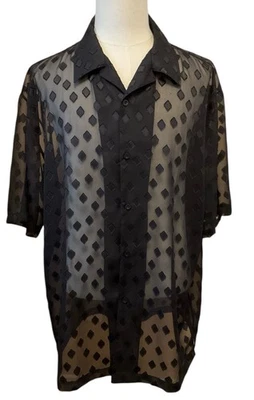 KAD XL Semi-sheer Black Club Diamond Button Short Sleeve Polyester Shirt *Mint* - Image 1 of 4