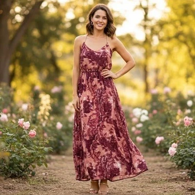 Charlotte Russe Floral Maxi Dress Women's Size M Pink Maroon Gold Romantic Event - Image 1 of 4