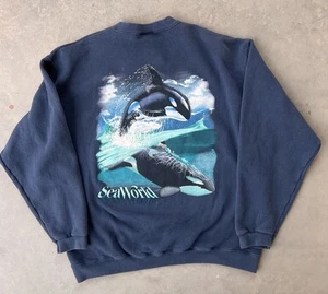 Vintage Sea World Sweatshirt Large Shamu Whales Seaworld Animals Blue Crewneck - Picture 1 of 10