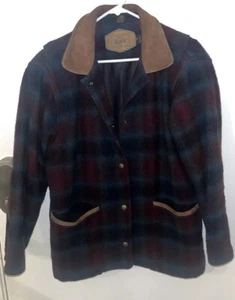 VTG Woolrich Heavy Plaid Southwest Wool + Leather Barn Coat USA Made sz Small - Picture 1 of 12