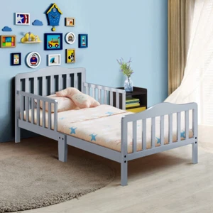Toddler Bed Frame Two Side Safety Guardrails Wood Gray Kids Bedroom Furniture - Picture 1 of 11