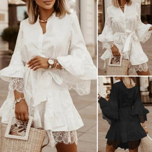 Dresses Lace Sleeve Womens Hem Sleeves Ruffle Party Dress Cocktail Flared 3/4 - Picture 1 of 15