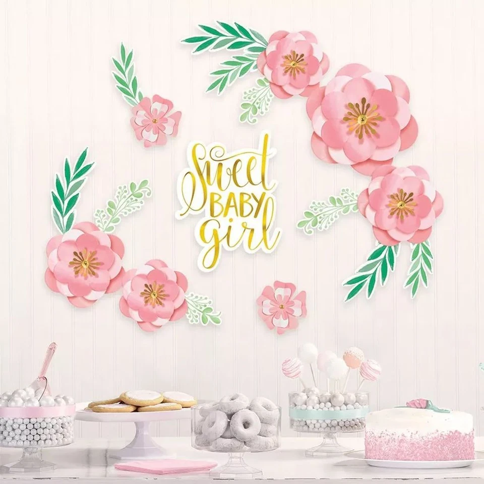 Kit de decoración de pared floral dulce bebé niña 8 por paquete de 3,75" a 12" Baby Shower Foto 1 de 1