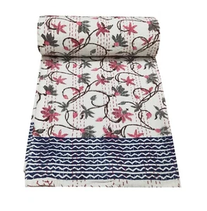 Indian Hand Block Print King Size Cotton Kantha Quilt Throw Blanket Bedspread - Picture 1 of 5
