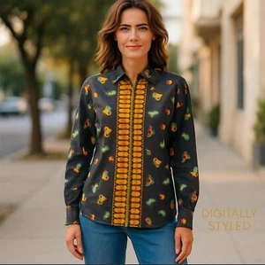 Liz Claiborne Collection Vintage Print Shirt  Black M Fun Pattern 100% Silk - Bild 1 von 18