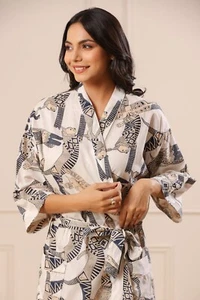 Indian White Cotton Cat Printed Kimono Bath Robes Night Maxi Gown Kimono Robes - Picture 1 of 8