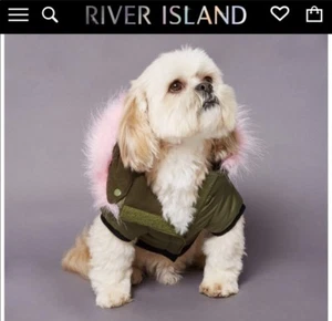 River Island Dog’s Military Green Parka With Pink Faux Fur Collar Hood Size L - Picture 1 of 10