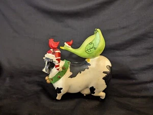 Unbranded Black & White Cow w/ Christmas Hat, Green Duck Riding on Top PRE-OWNED - Picture 1 of 11