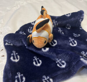 Orange Clownfish On Navy Anchors Plush Security  Baby Blanket, 14"x14" HB Hudson