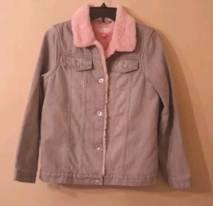 NWOT Childrens Place Faux Fur Pink Lined  Jean Jacket Size 16 Sequin Heart  - Picture 1 of 4