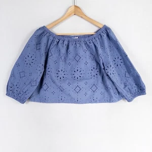 Blusa Gap Top Mujer Mediana Azul Ojales Recortada Manga 3/4 Algodón Informal Boho - Imagen 1 de 8
