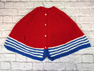 Poncho Acrílico Vintage Rojo Blanco Azul Años 60 Mod Crochet Niño Capa Foto 1 de 4