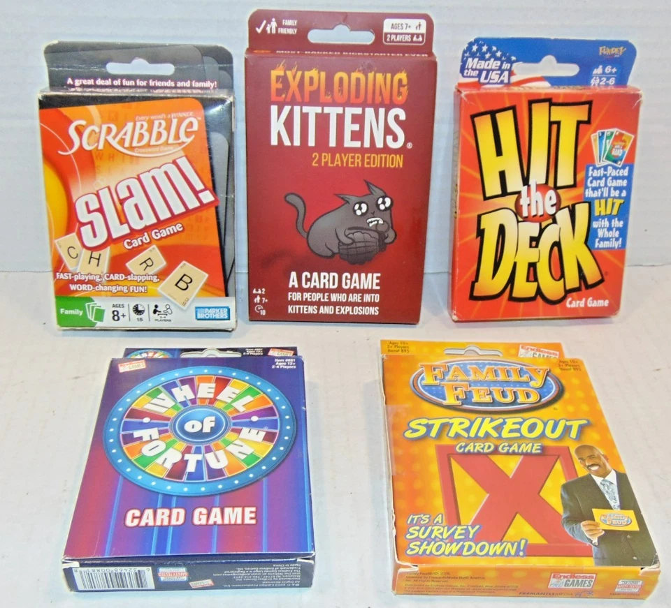 Lote de 5 jogos de cartas Hit the Deck Exploding Kittens Slam Family Feud Wheel - Imagem 1 de 4