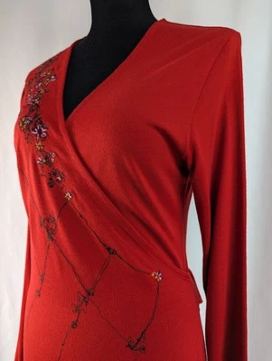 Precioso Vestido Envolvente Oilily Floral Bordado Ajustado Rojo Mezcla Lana Talla L EE. UU. 12 Foto 1 de 4