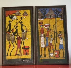 "Par de arte batik de cera africana firmado tribal 16"" x 29"" enmarcado patrimonio años 70 vintage" - Imagen 1 de 9