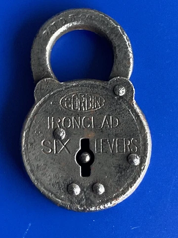 Antique CORBIN Steel Padlock IRONCLAD SIX LEVERS Pat 1914 Round NO KEY PRIMITIVE Cover