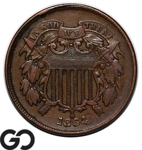 1864 Two Cent Piece, Large Motto, Choice XF+ - Picture 1 of 3