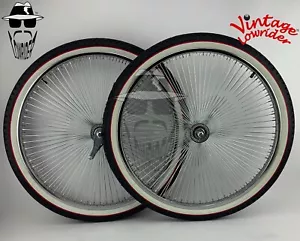 VINTAGE LOWRIDER 26" 144 SPOKE CHROME DAYTON RIM SET W/RED LINE DIAMOND TIRES. - Picture 1 of 5