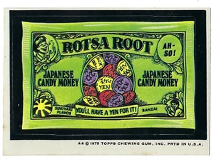 Topps Wacky Packages 1975 14ª serie 14 ROTSA ROOT CANDY MONEY parte posterior bronceada casi nueva sin usar - Imagen 1 de 1