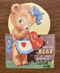 Vintage 1940s Valentines Day Greeting Card Bear w/ Apron Holding Heart - Picture 1 of 9