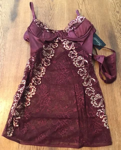 Frederick's Of Hollywood Maroon & Gold Slip Babydoll With Panty Set Size S NWT - Picture 1 of 4