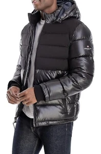 London Fog Puffer Jacket Mixed Media Insulated Attached Hood Men's Medium - Picture 1 of 3