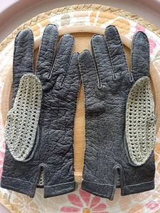 Vintage Leder Handschuhe Cabrio Auto Autofahrer schwarz Damen Häkel Crochet - Bild 1 von 6