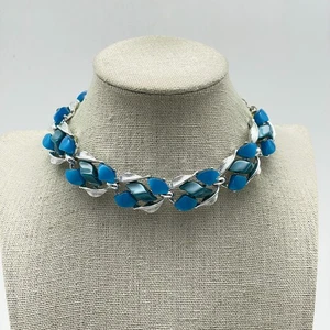 Vintage Blue Thermoset Necklace Silver Tone Mid Century Choker 1950s Statement - Picture 1 of 6