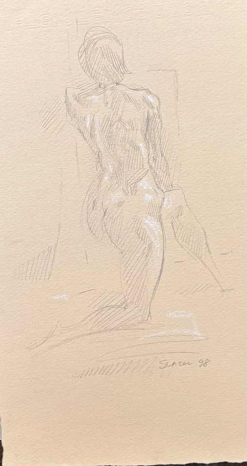 Miriam Slater dibujo a lápiz de mujer mirando hacia atrás, técnica fina 1998 Foto 1 de 1