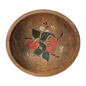 VTG Handpainted Cherries Motif on Wooden Lathe Bowl Munising, MI 1930s Folk Art - Picture 1 of 7