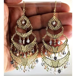 Gypsy Style Earrings Solid 14K Gold Dangling Chandelier Filigree Butterfly 3.25" - Picture 1 of 9