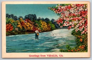 Vidallia Georgia~Trees Blossoming While Man Is Fly Fishing in Rocky Creek*~Linen - Picture 1 of 2