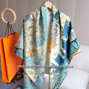 Sally Cashmere & Silk Wrap Scarf Animals Print Double Face Shawl Hand Rolled 53" - Picture 1 of 37
