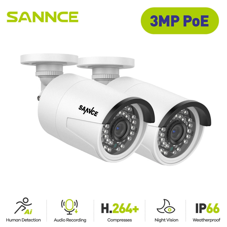 SANNCE 2x 3MP POE Security IP Camera Audio Recording Outdoor Night Vision H.265